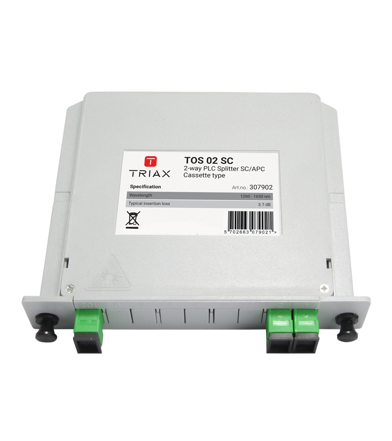 TRIAX 307902 TOS 02 SC, Optical 1:2 2 Way PLC Splitter SC/APC, 1U Modular Cassette Insertion Loss -3.8dBm
