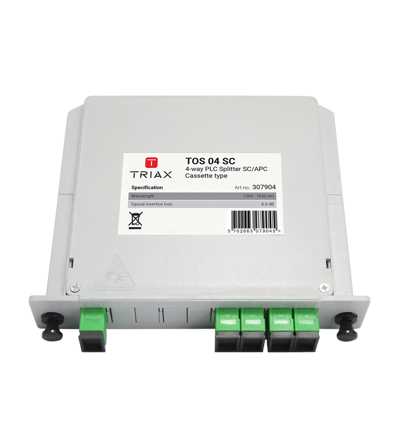 TRIAX 307904 TOS 04 SC, Optical 1:4 4 Way PLC Splitter SC/APC, 1U Modular Cassette Insertion Loss -7.1dBm