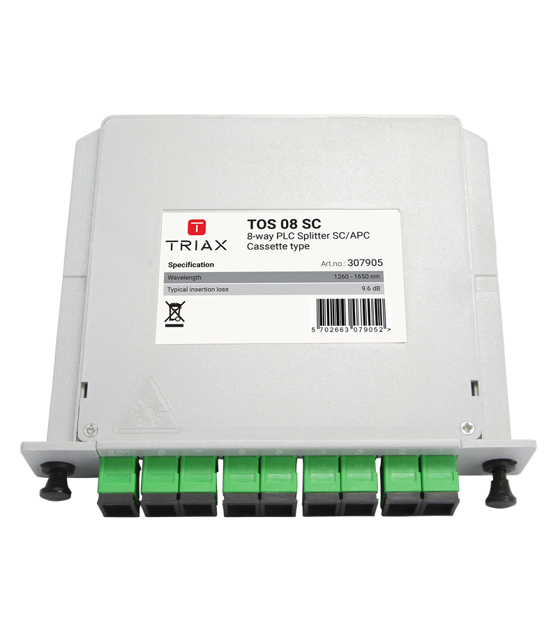 TRIAX 307905 TOS 08 SC, Optical 1:8 8 Way PLC Splitter SC/APC, 1U Modular Cassette Insertion Loss -10.2dBm