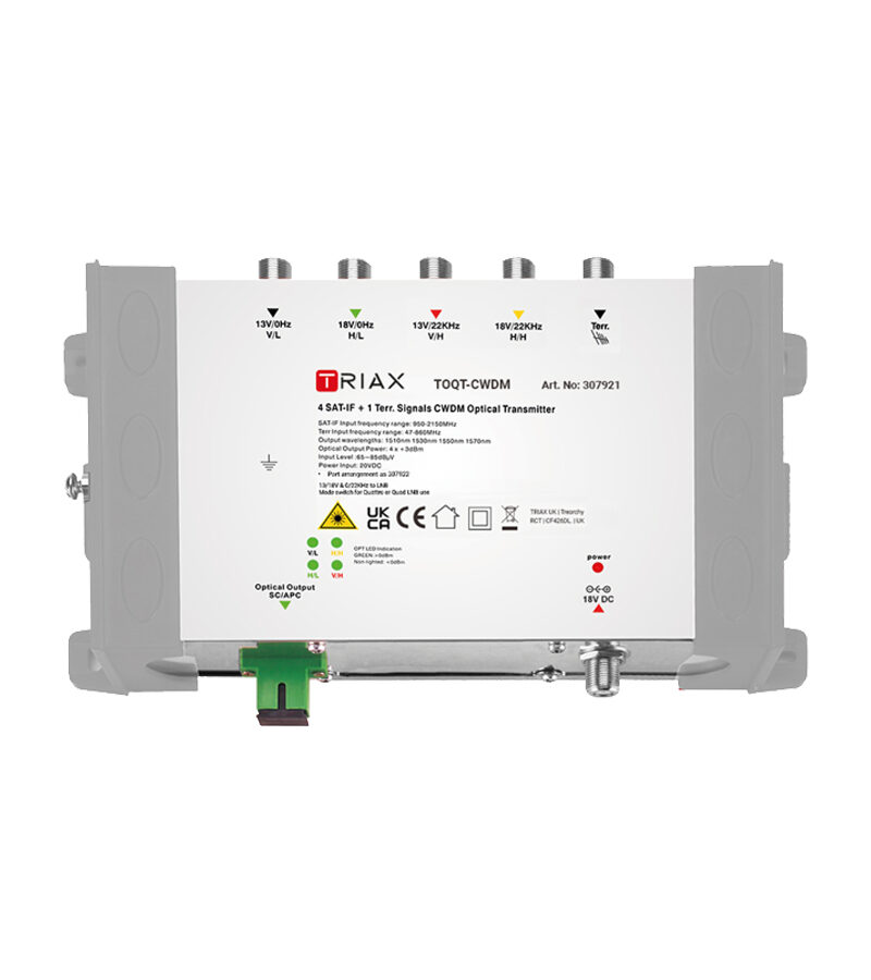 TRIAX 307921 TOQT-CWDM Optical Transmitter, 4x SAT + 1x Terrestrial to a Single OS1 via SC/APC