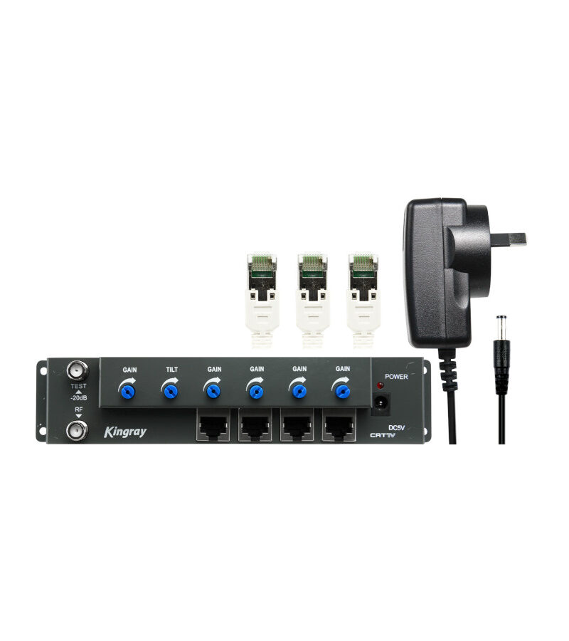 Kingray CAT01 CATTV Headend Amplifier, IN RF 47-750MHz to 4 x 8P8C (RJ45) DATA Outlets Inc.PSU