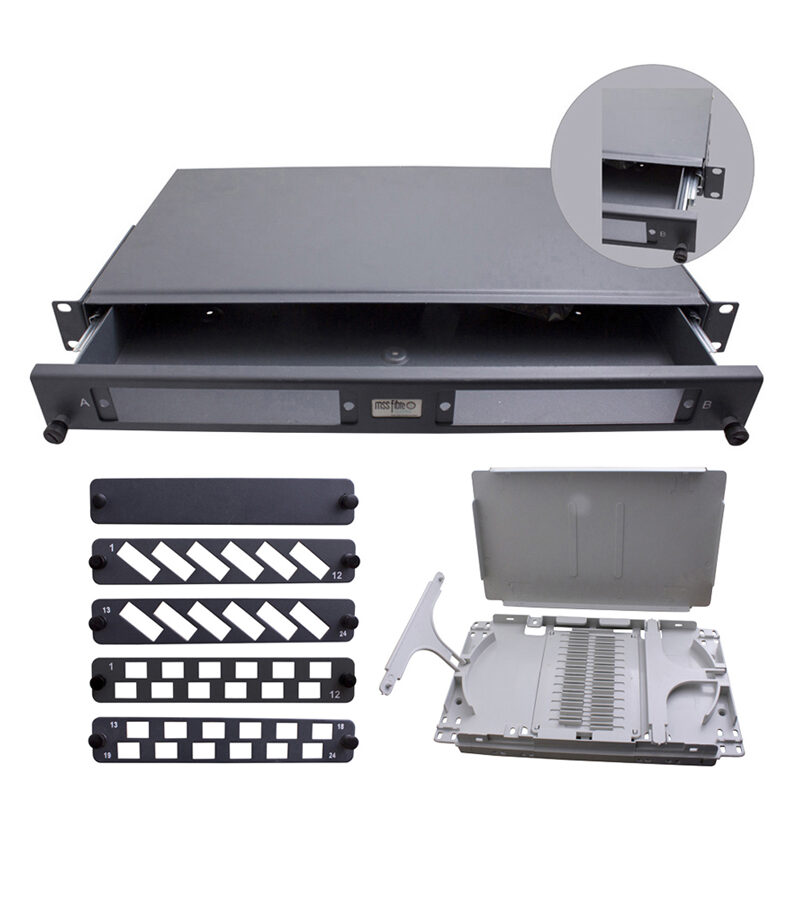 FOBOT KIT 19" 1RU Rack Mount Optical Splice Sliding Tray - 24 Fibre
