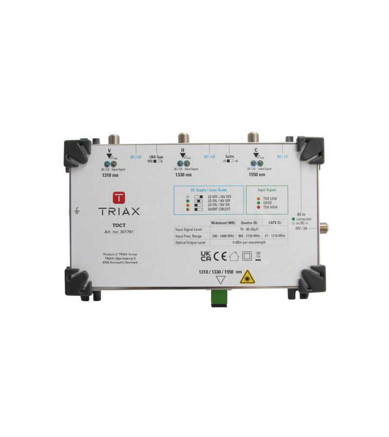 TRIAX 307791 TOCT Optical Tx 2xSAT(H&V 1310/30nm) +TERR(1550nm) +9dBm OS1/2, Rq TWCT Rx
